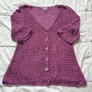 Vintage 90s Womens Size XL Pink Sweater Cardigan Button Up 3/4 Sleeve Crochet